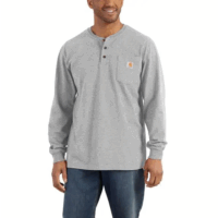 TSHIRT-K128 Men's Loose Fit Heavyweight  LS Pocket Henley T-Shirt in Heather Gray